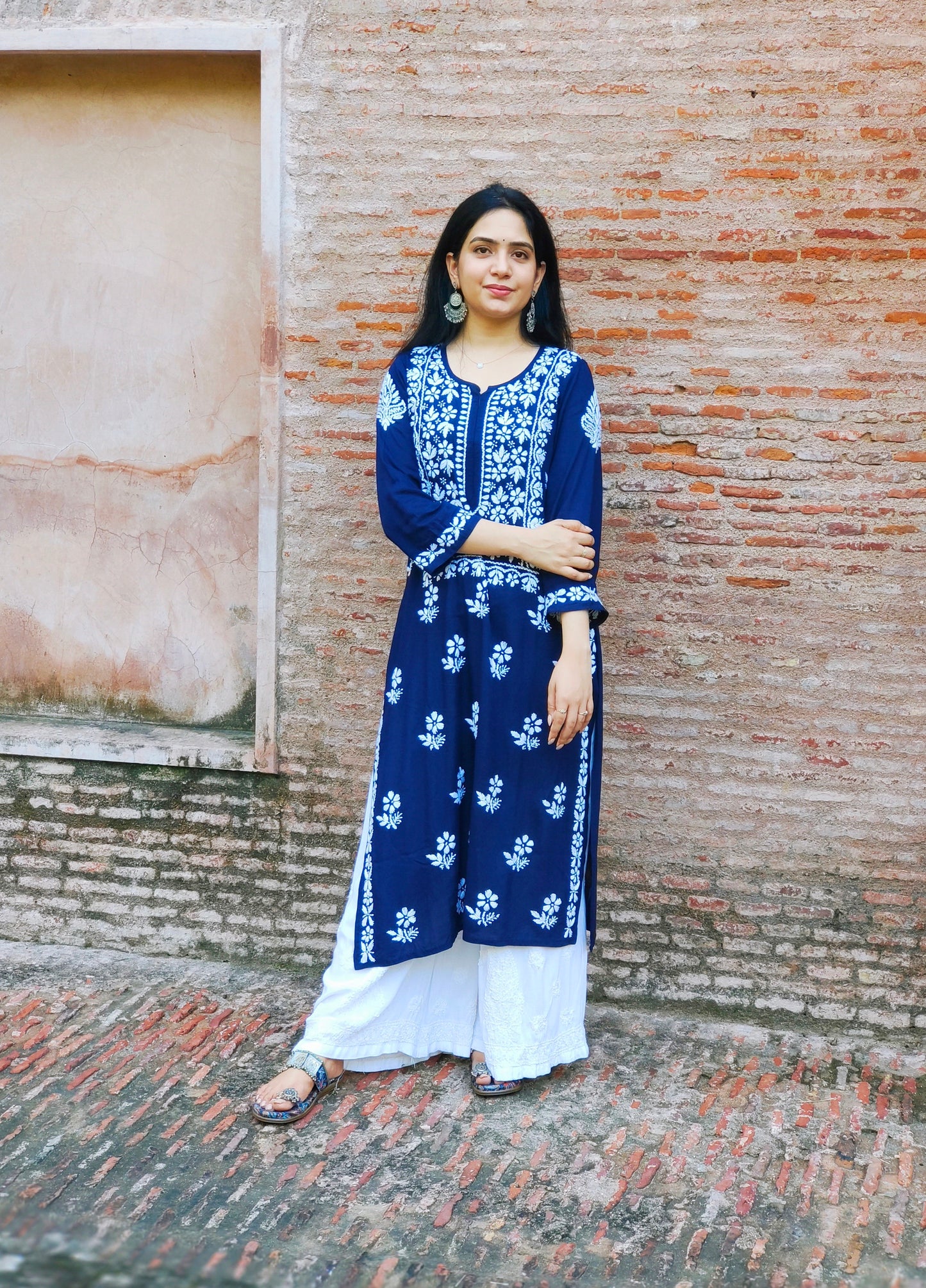 FIZA Long Blue Chikankari Kurta (Long Top)