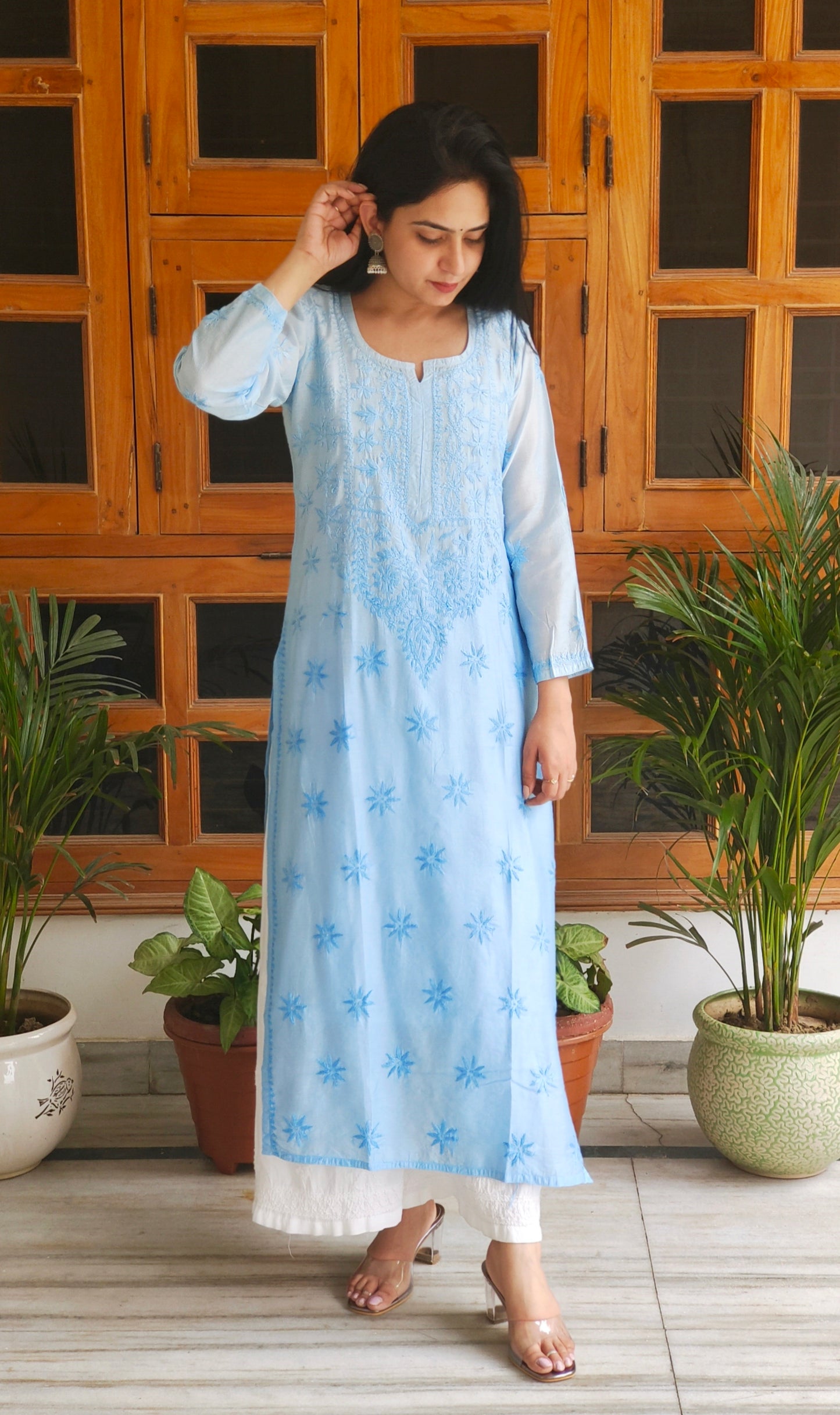 Long Chanderi Silk Chikankari Kurta (Long Top)
