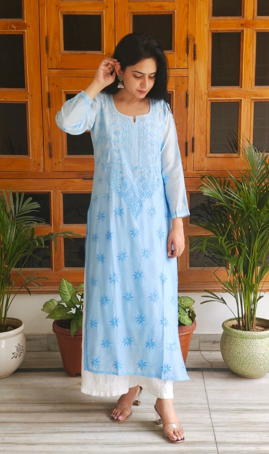 Long Chanderi Silk Chikankari Kurta (Long Top)