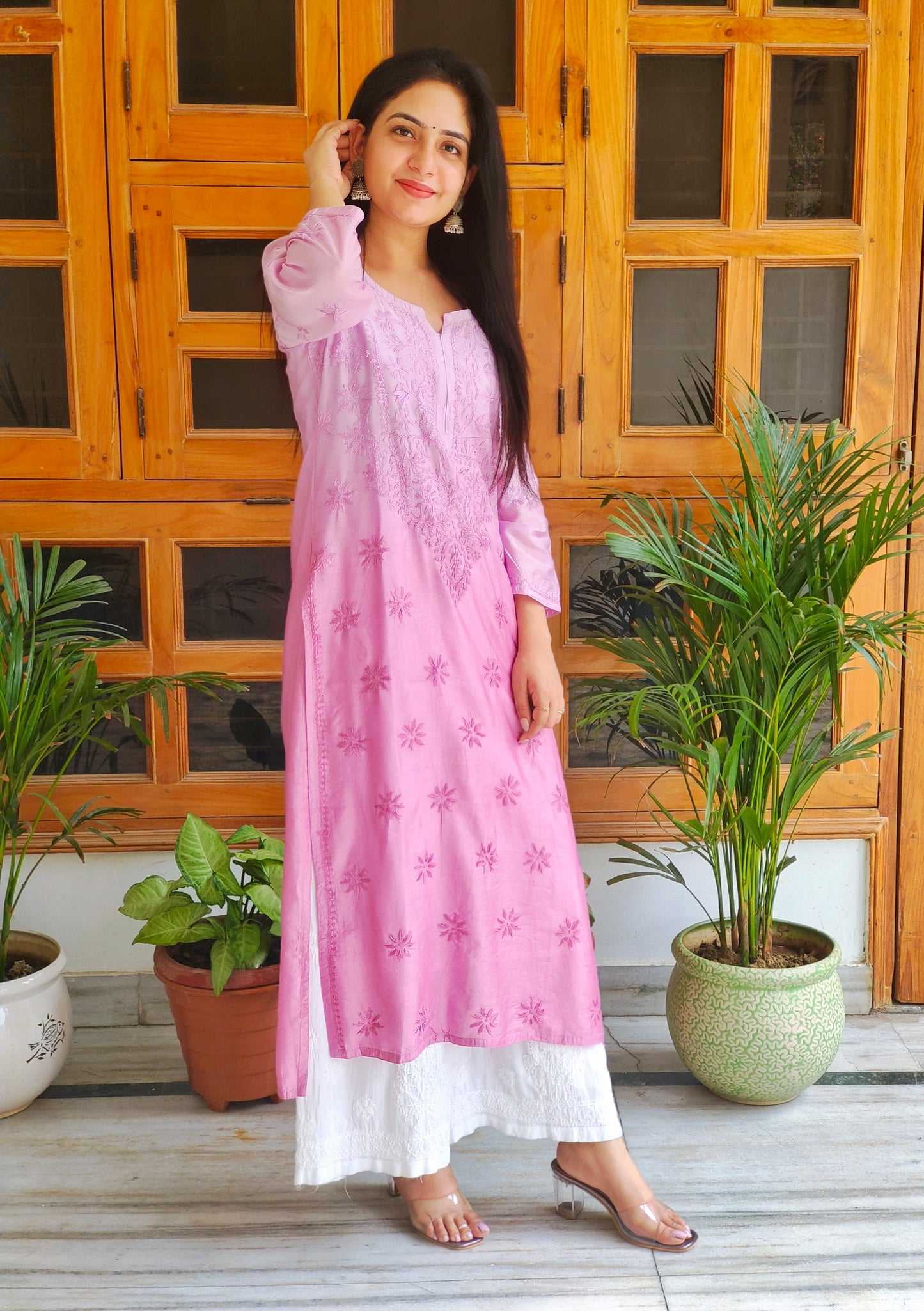 Long Chanderi Silk Chikankari Kurta (Long Top)