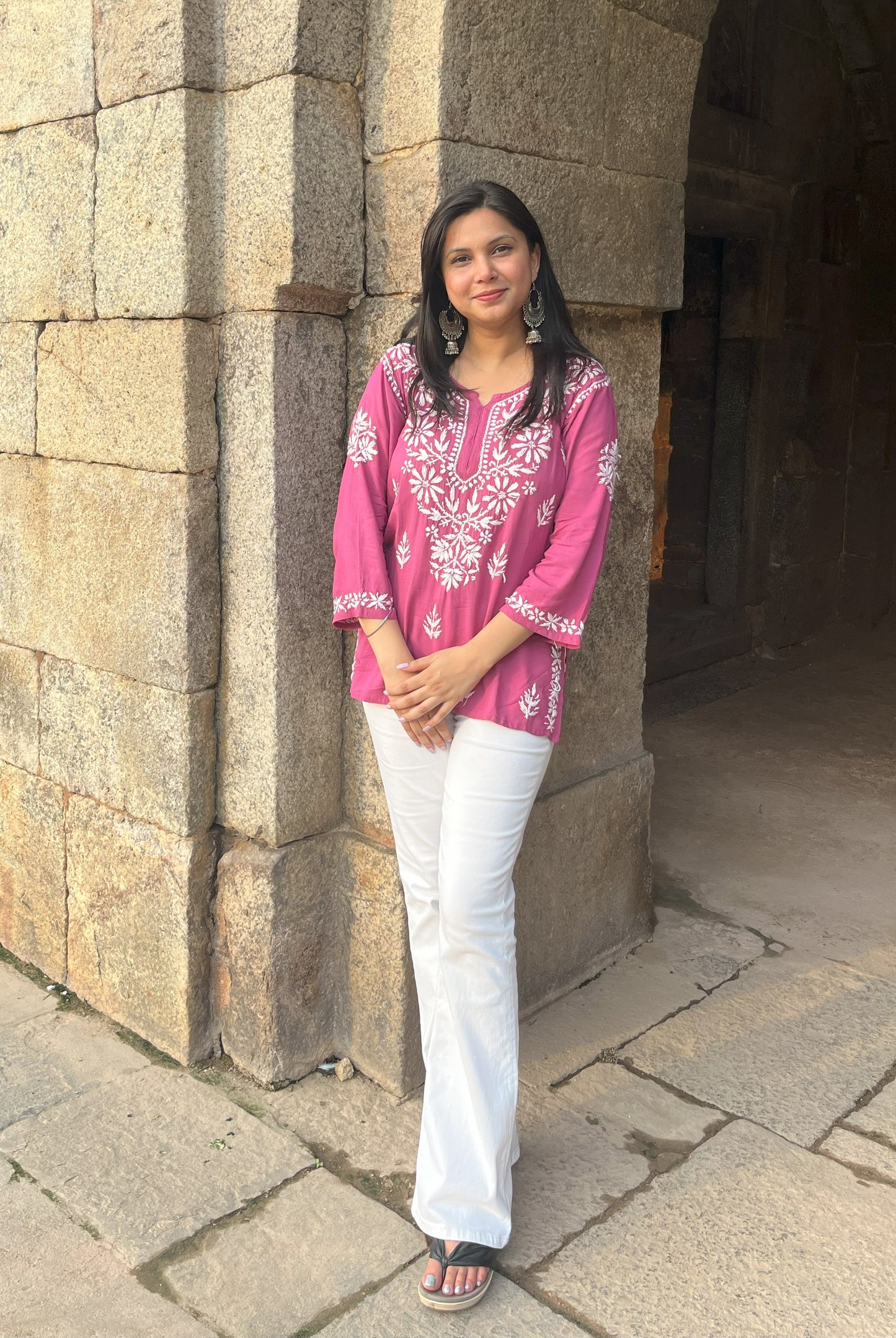 Short Modal Rose Pink Chikankari Kurti (Short Top)