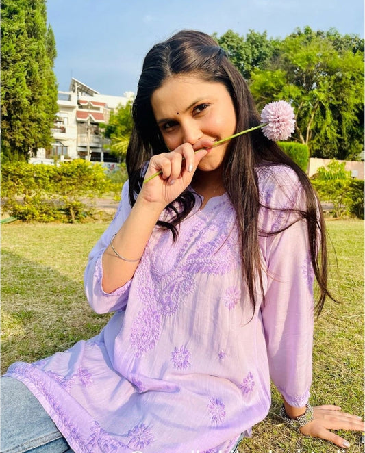 Short Modal Lavender chikankari kurti (short Top)