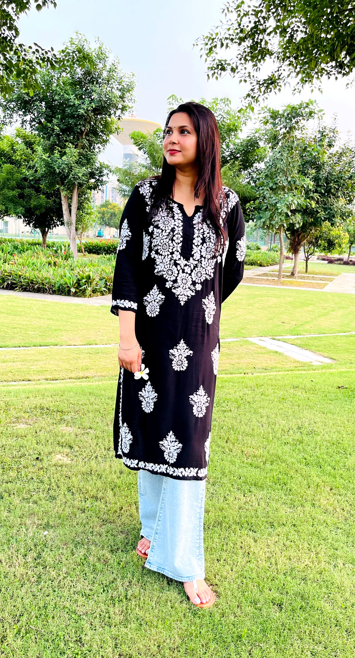 SANJH Long Rayon Chikankari Kurta (Long Top)