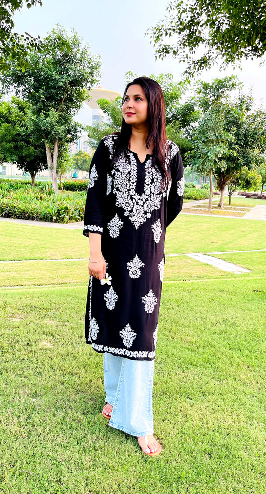 SANJH Long Rayon Chikankari Kurta (Long Top)