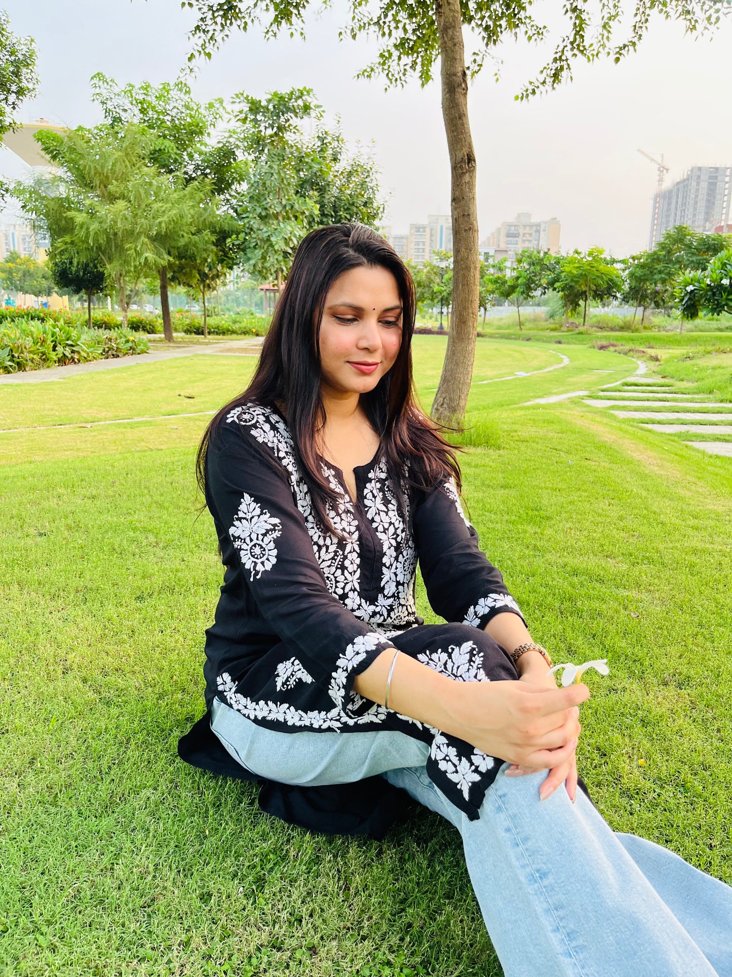 SANJH Long Rayon Chikankari Kurta (Long Top)