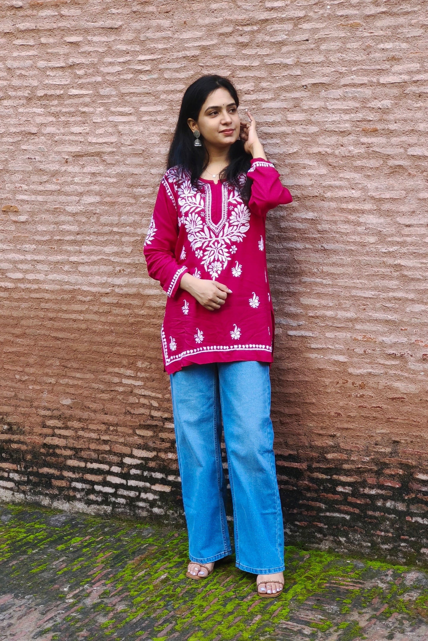 Short Modal Magenta Pink Chikankari Kurti (Short Top)
