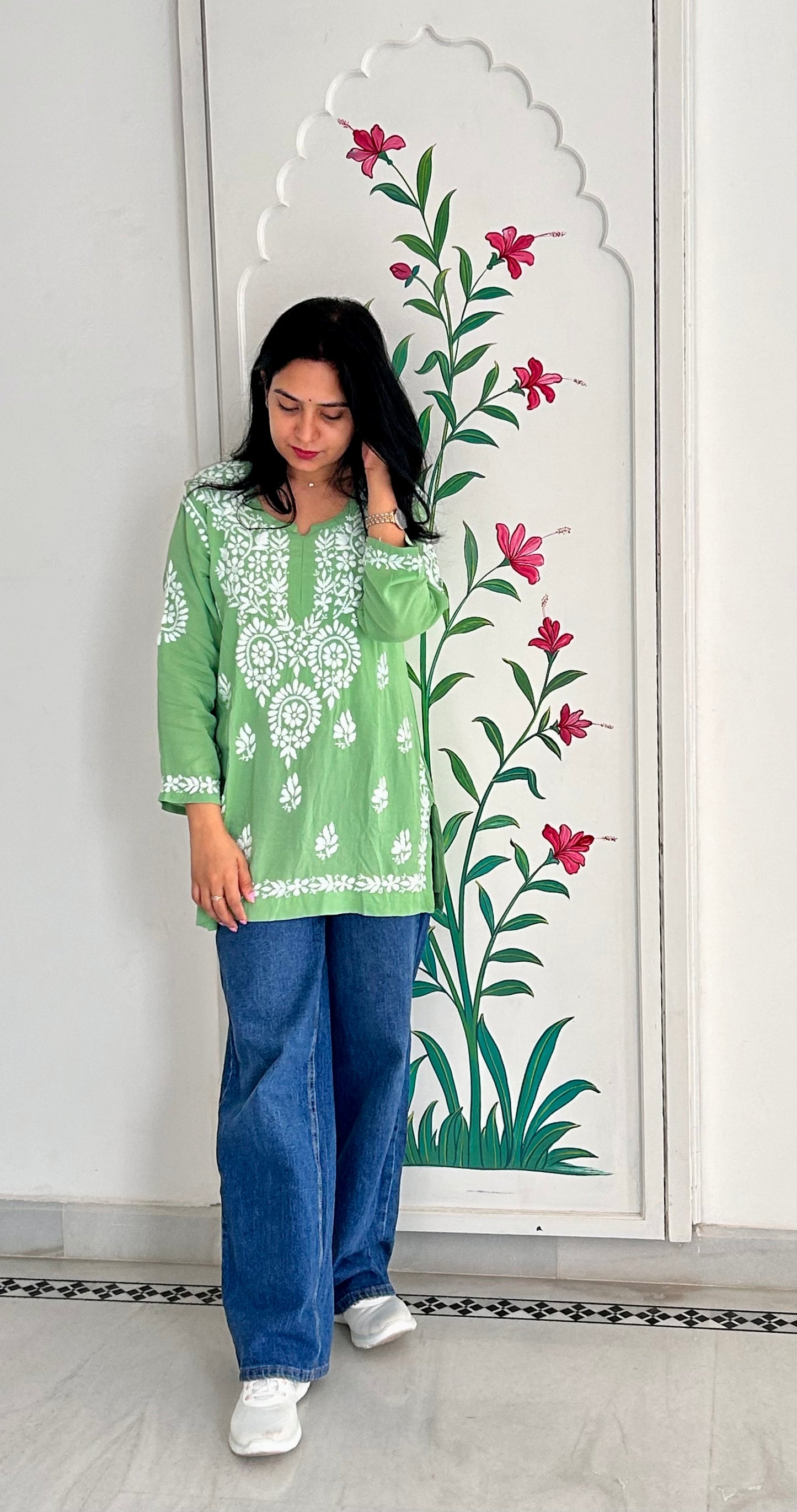 Short Modal Pastel Green Chikankari kurta
