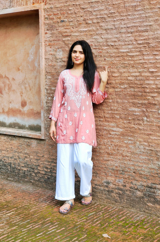 Short Modal Peach Chikankari Kurti (Short Top)