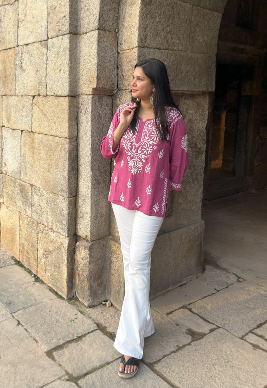 Short Modal Rose Pink Chikankari Kurti (Short Top)
