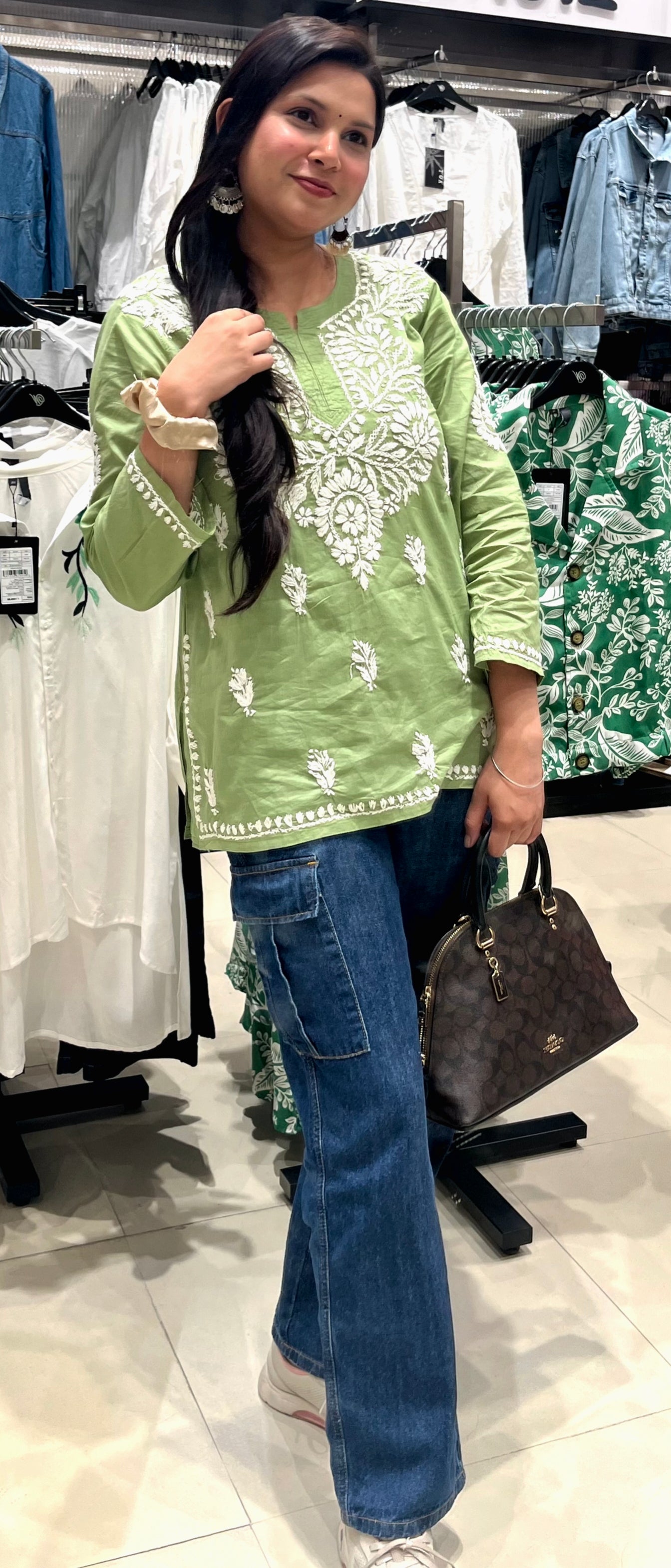 Short Cotton Pista Green Chikankari Kurti (Short Top)