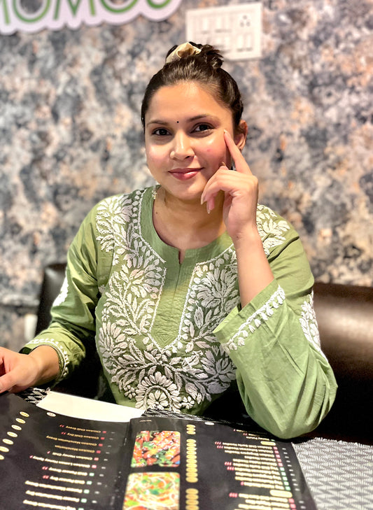 Short Cotton Pista Green Chikankari Kurti (Short Top)