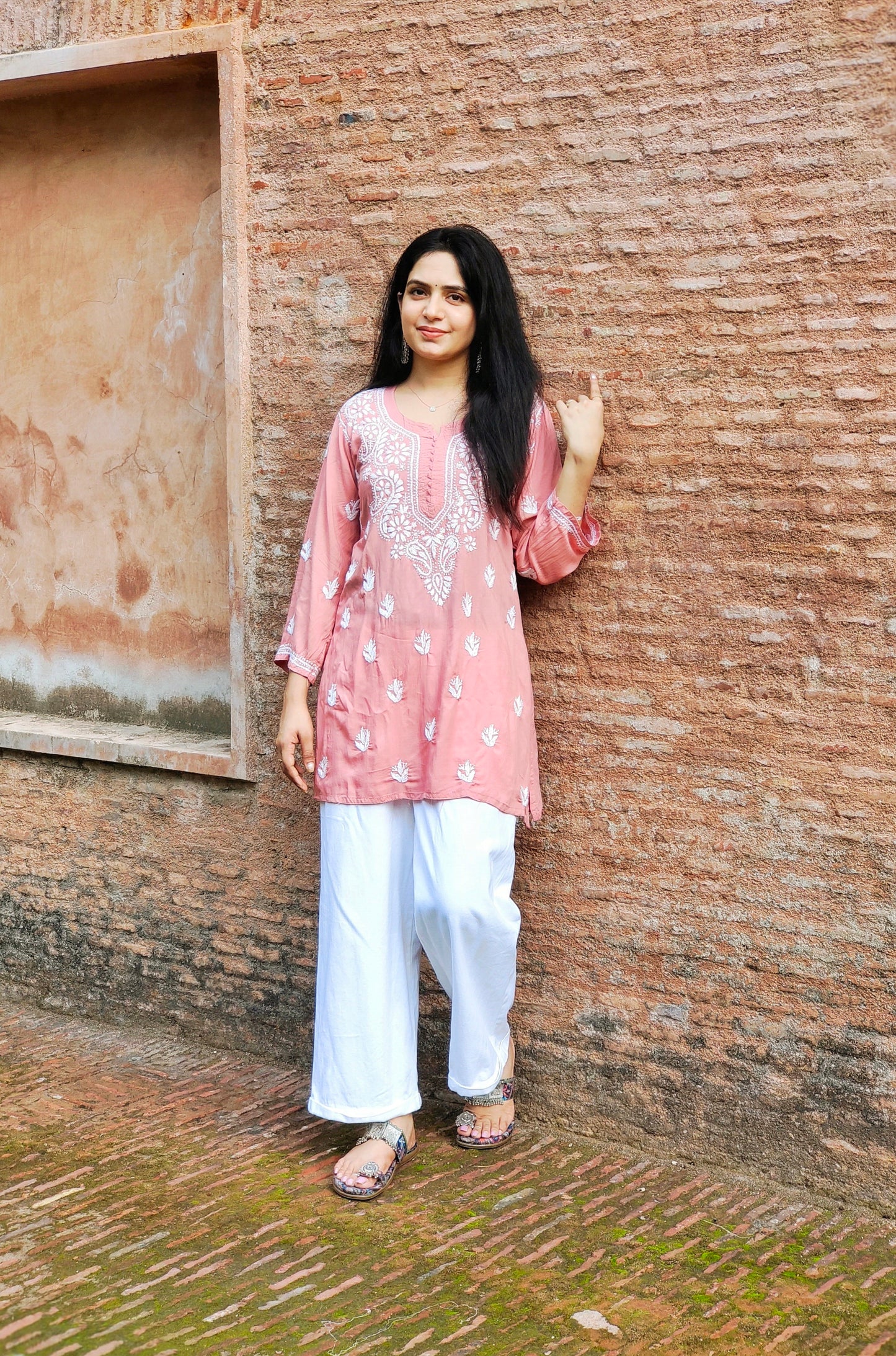 Short Modal Peach Chikankari Kurti (Short Top)